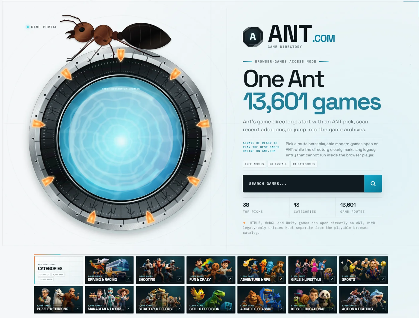 Screenshot of the ANT homepage