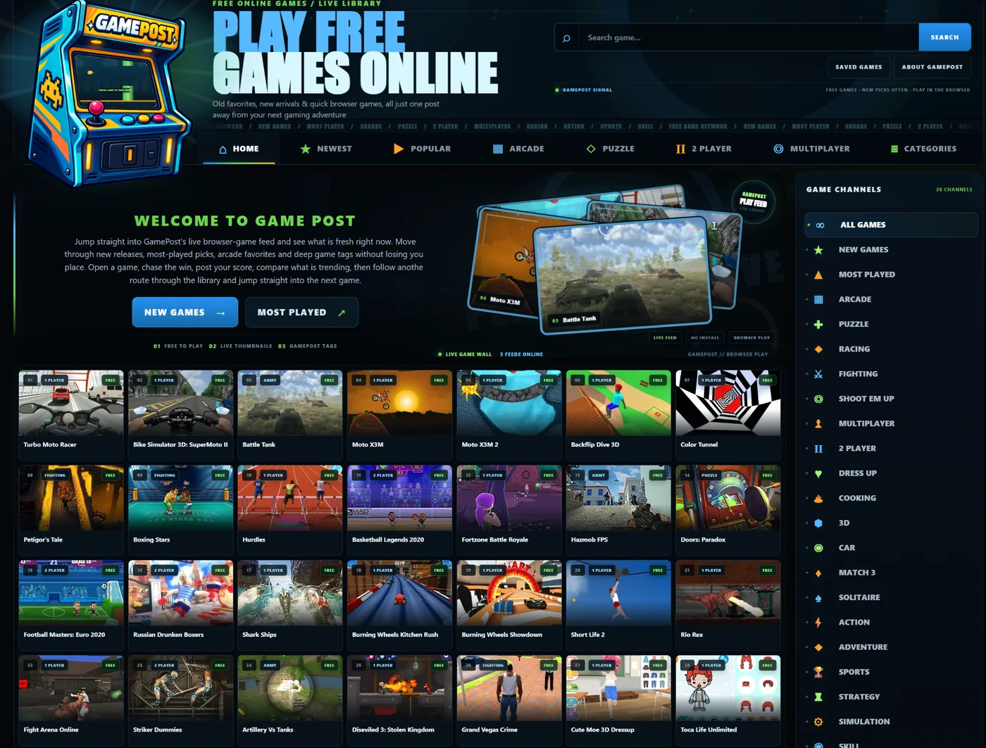 Screenshot of the GamePost homepage